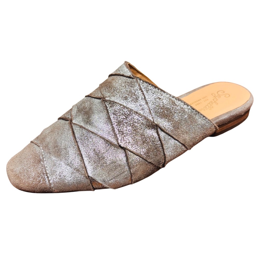 Seychelles Metallic Pewter Leather Pleated Pointed Toe Mules Silver Flats 7.5